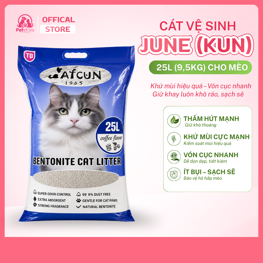 Cát vệ sinh mèo June Cat Kun Bentonite 25L 9.5kg hạt mịn ít bụi vón nhanh khử mùi tốt