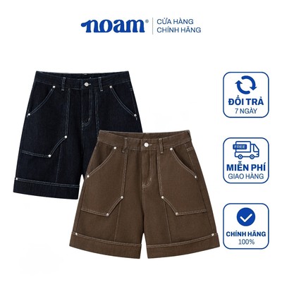 Quần short nam nữ NOAM SIGNATURE POCKET chất liệu denim cao cấp - Màu nâu/ xanh đậm