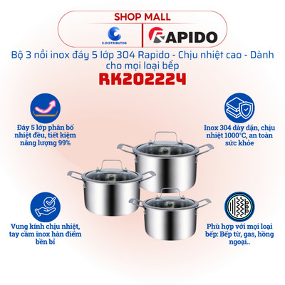 [HỎA TỐC] Bộ 3 nồi inox đáy 5 lớp Rapido RK-202224 - đường kính 20/22/24cm - dành cho mọi loại bếp