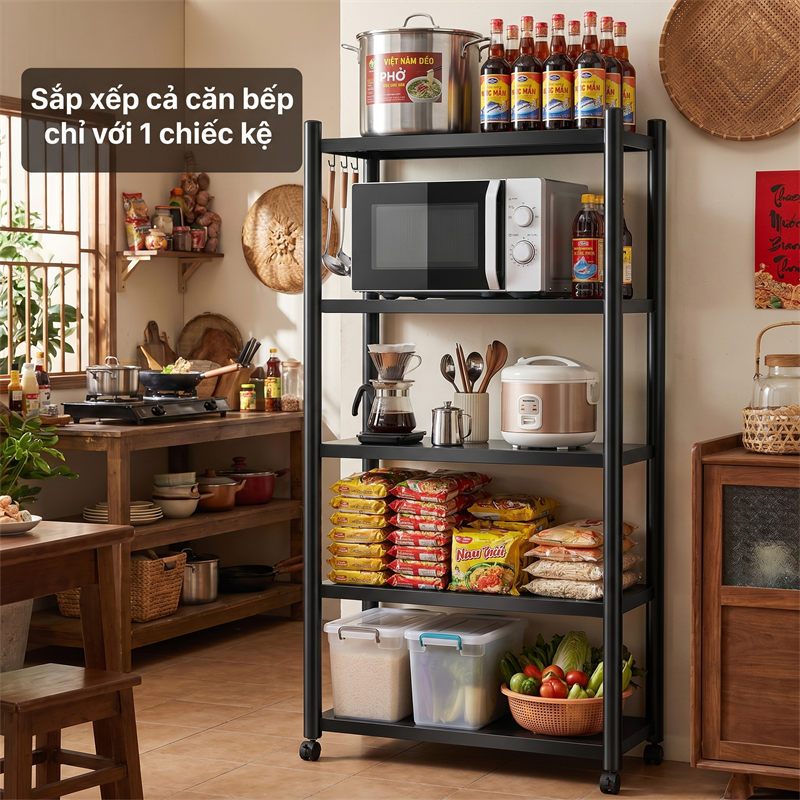 BMZAR Kệ để đồ đa năng thép cacbon đen Kệ sắt Có bánh xe Kệ lò vi sóng Chịu tải tối đa 500kg [Mẫu mới 2026] | BigBuy360 - bigbuy360.vn