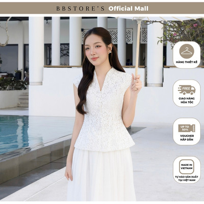 BBSTORE'S Áo Kiểu Tiệc Ren Cổ V Cao Ren Cotton Dáng Peplum Tay Cap - AAE08A