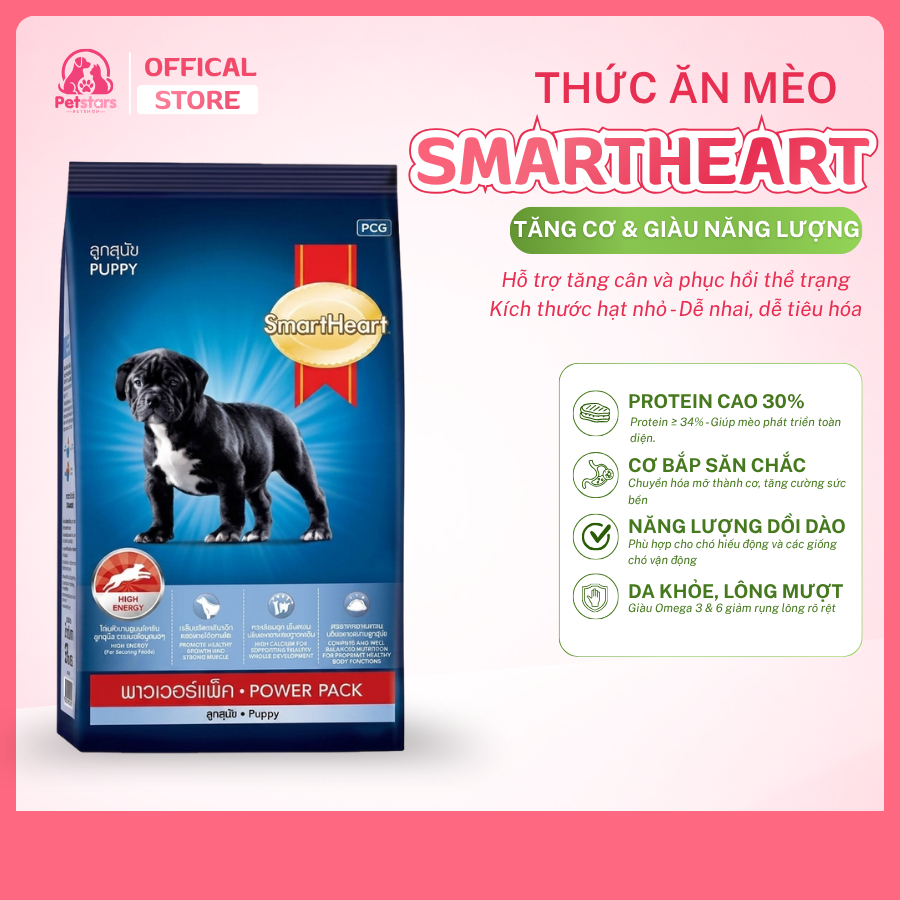 Thức ăn khô cho chó con SmartHeart Power Pack Puppy 3kg tăng cơ bắp, giàu năng lượng