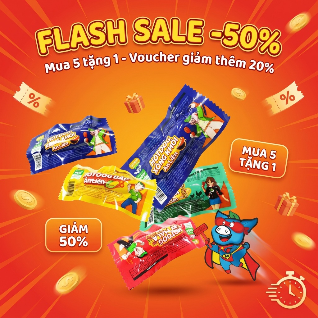 [Mua 5 tặng 1; mua 10 tặng 2] Hot Dog giòn HCT 28g/cây (Vị bắp, Vị thịt xông khói, Vị cay mala, Vị s