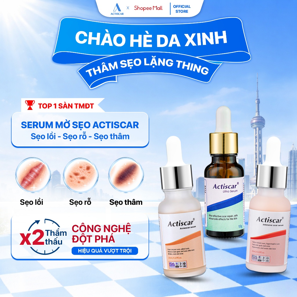 Serum mờ sẹo Actiscar hỗ trợ mờ sẹo lồi, phì đại, sẹo thâm rỗ, sẹo lõm, sẹo đáy nhọn, sẹo mất sắc tố
