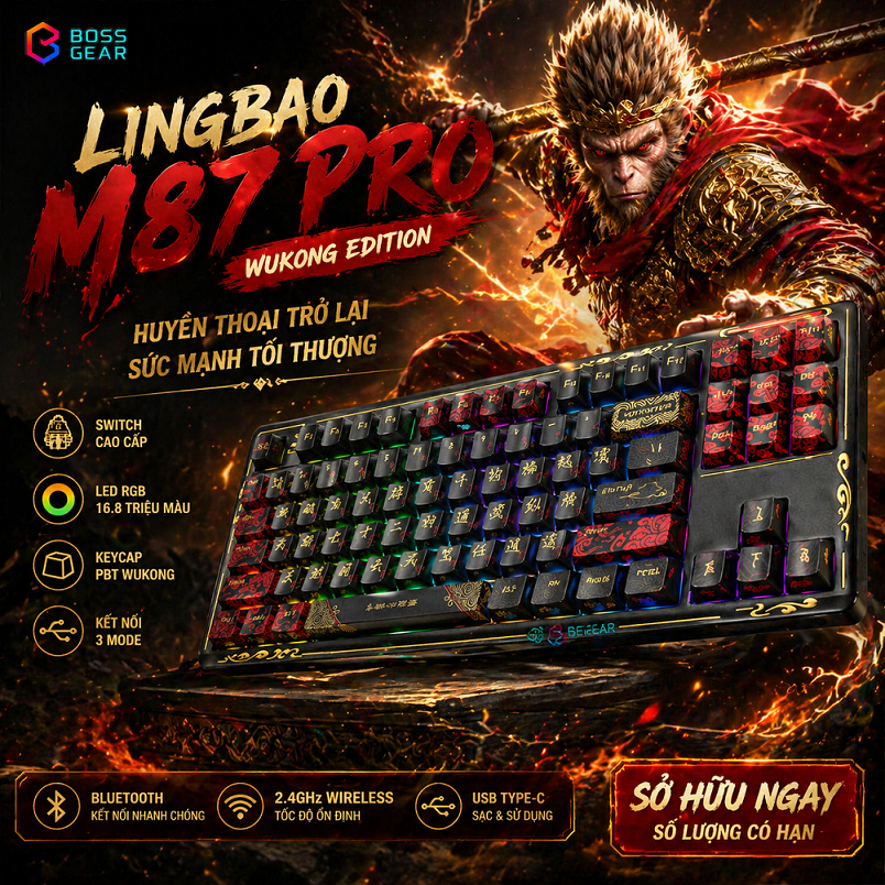 Bàn Phím Cơ Lingbao K87 Pro Wukong TKL 87 Phím – Switch Linear Mượt, LED RGB, Pin Trâu 8000mAh