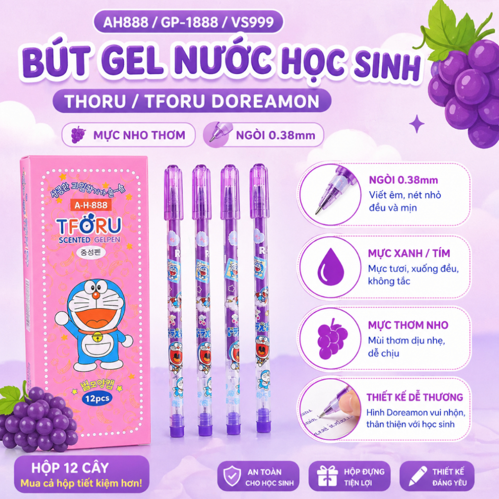 [AH888/GP-1888]HỘP 12 Cây Bút Viết Gel Nước Học Sinh Mực Nho Thơm Ngòi 0.38mm Thoru/ Tforu Doreamon 