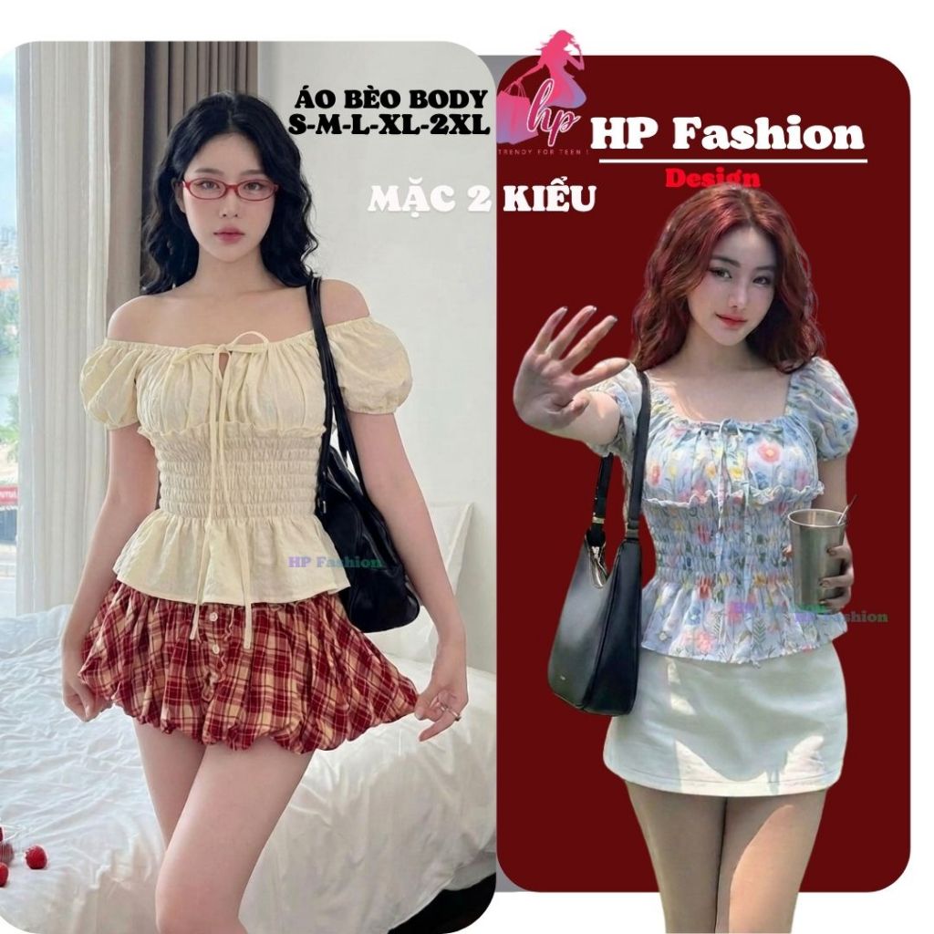 Áo trễ bệt vai ôm  body tùng xòe nhún eo, áo kiểu nữ vải xốp nhăn mùa hè đi biển size S M L XL 2XL 3XL  có bigsize HP108 | BigBuy360 - bigbuy360.vn