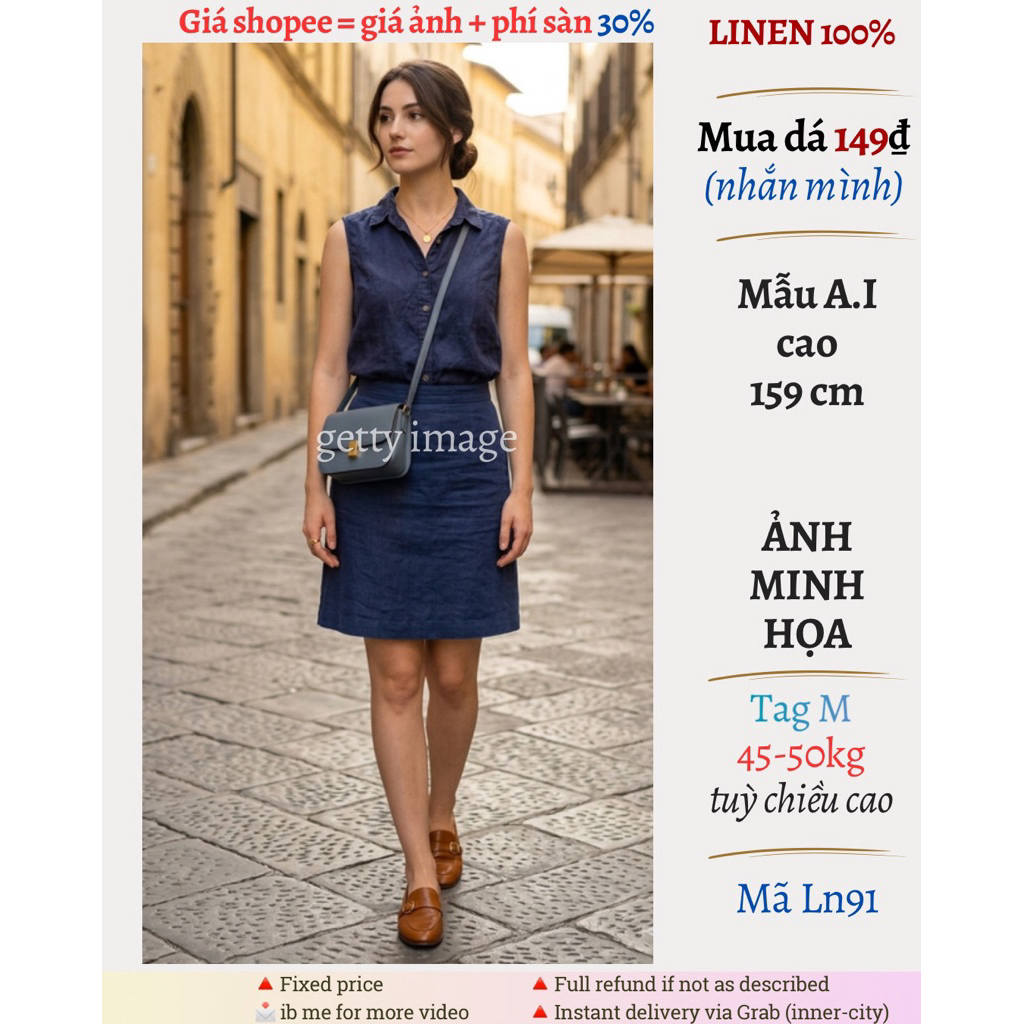 1️⃣4️⃣9️⃣ [used Nhật] Áo linen  100%, áo sơ mi sát nách, hiệu LATIV, xanh tím, size M (45-50kg), mã 