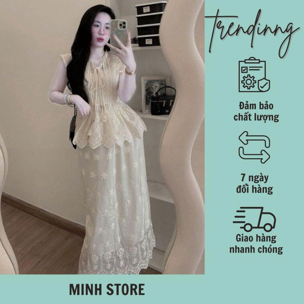Set thô hoạ tiết thêu - Áo tay hến dáng xoè kèm chân váy dài Minh Store