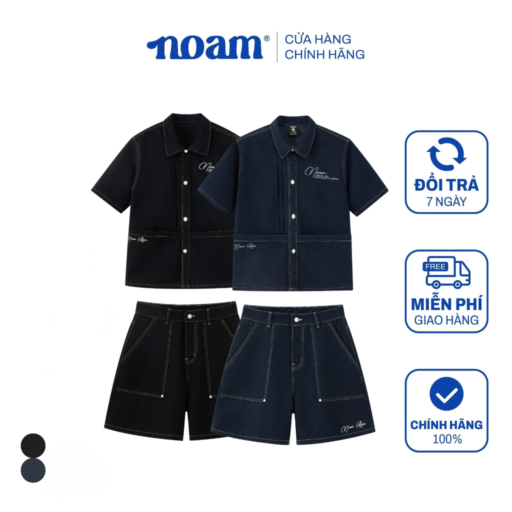 Set bộ Denim NOAM Grove Áo khoác ngắn tay và Quần short Chất liệu Raw Denim cấp - Xanh than/ Đen
