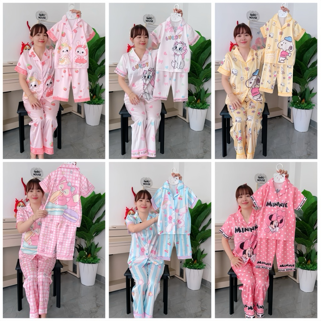 [14-65kg] Bộ quần áo pizama lụa latin tay ngắn quần dài cho mẹ và bé GABO HOUSE B60