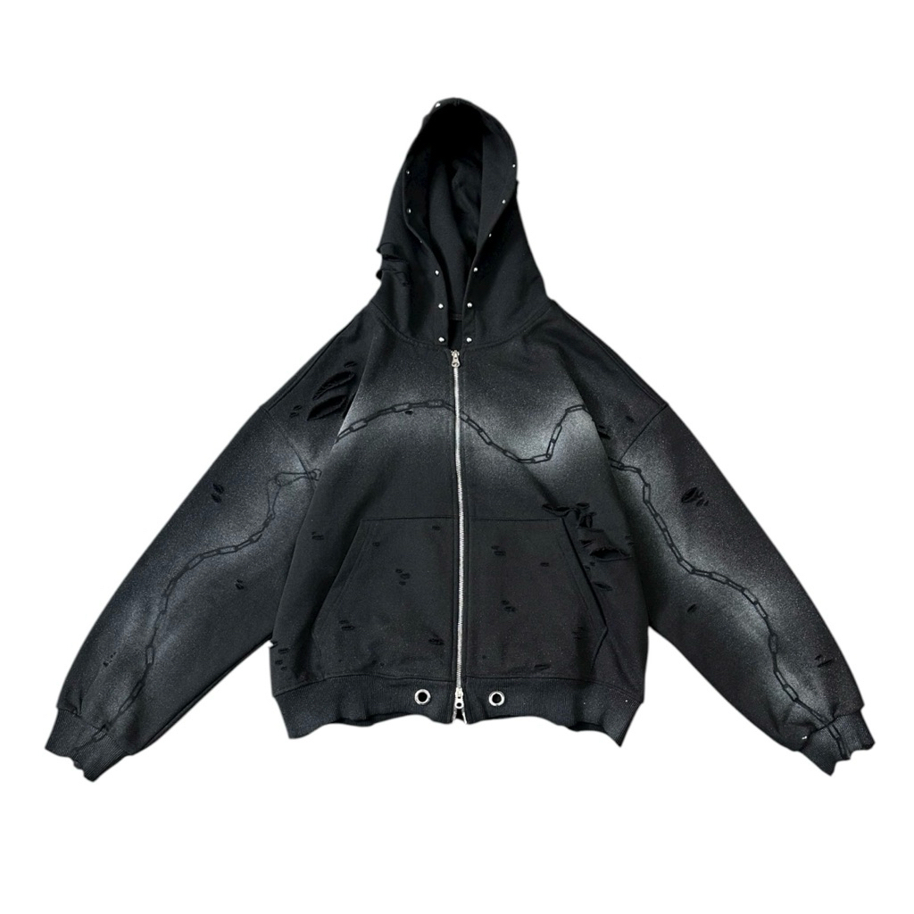 Áo Hoodie Zip Nỉ Chân Cua Custom Nhuộm Rách Đính Charm Kim Loại 420gsm TRAPPER CLUBVN
