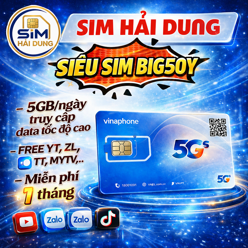 Sim Vinaphone 5G Big50y Miễn Phí 14 Tháng Không Cần Nạp Tiền + Tỷ GB Truy Cập Mạng Xã Hội + 5GB/Ngày