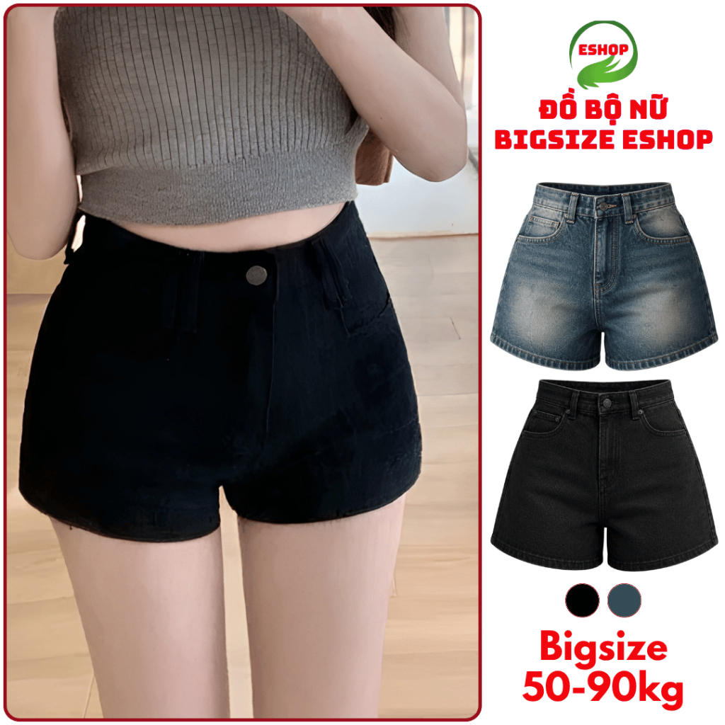 Quần Đùi Jean Nữ Bigsize ESHOP Quần Short Jean Nữ Form Rộng Lưng Trơn Có TúiThời Trang Bigsize M1088
