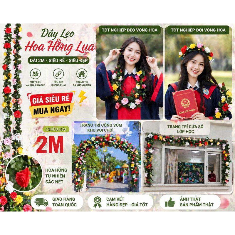 {Siêu Rẻ}-Dây Leo Hoa Hồng Lụa 2M Trang Trí – Hoa Giả Cao Cấp, Treo Tường, Cổng Vòm, Decor Tốt Nghiệp, Ban Công