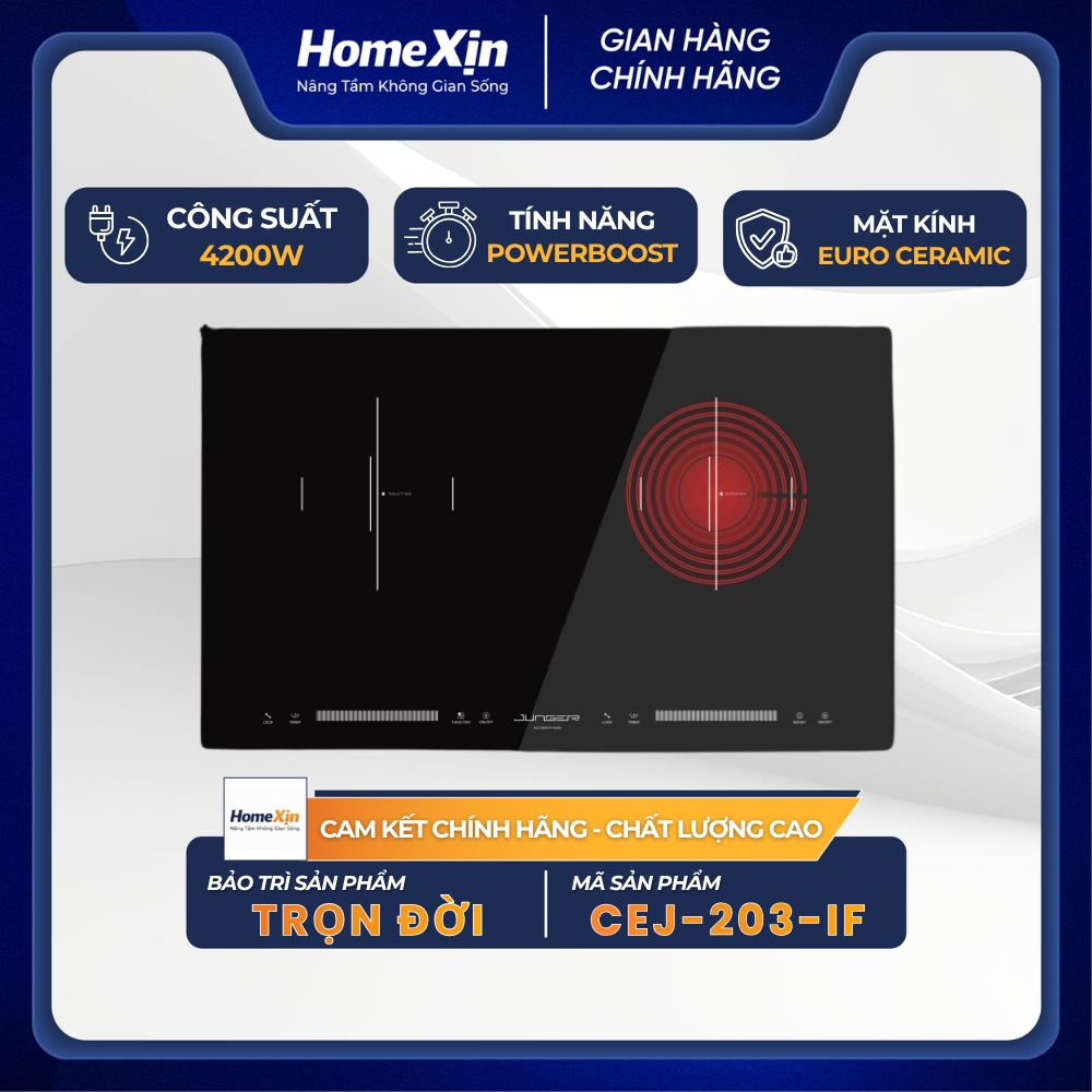 Bếp điện đôi Junger CEJ-203-IF - 2 vùng nấu, cảm ứng nhạy, mặt kính cao cấp, an toàn, tiết kiệm điện