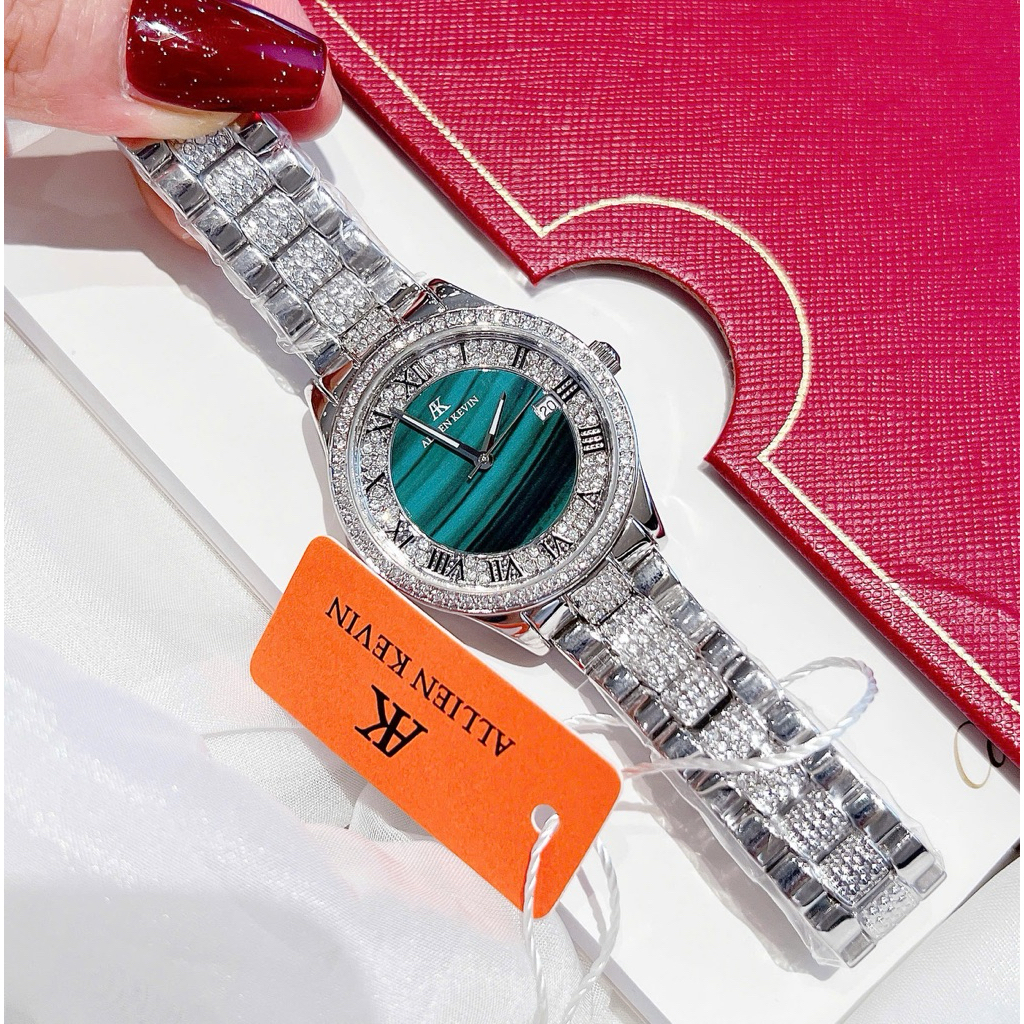 Đồng hồ nữ dây thép trắng mặt xanh đính đá size 32mm Allien Kevin AK9009