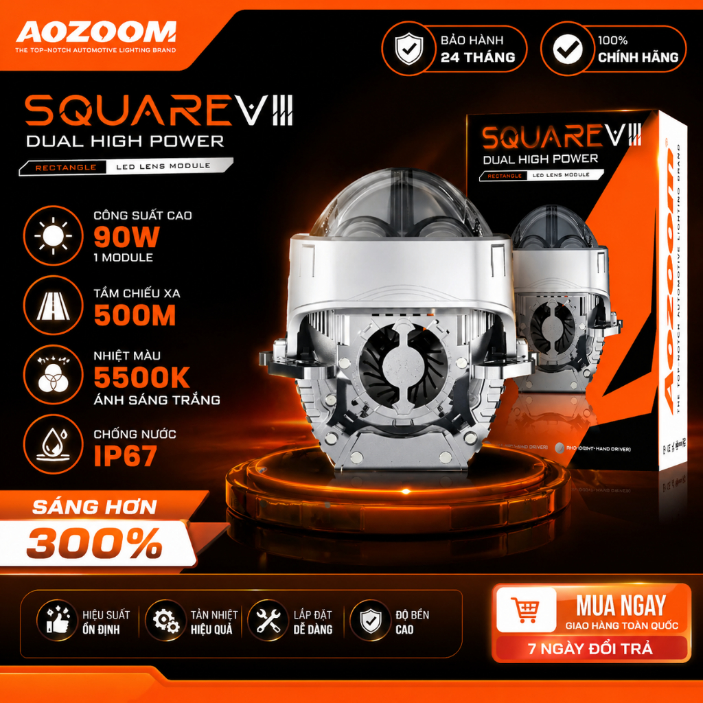Bi cầu led siêu pha laser aozom square v3 ánh sáng cực khủng chính hãng aozoom