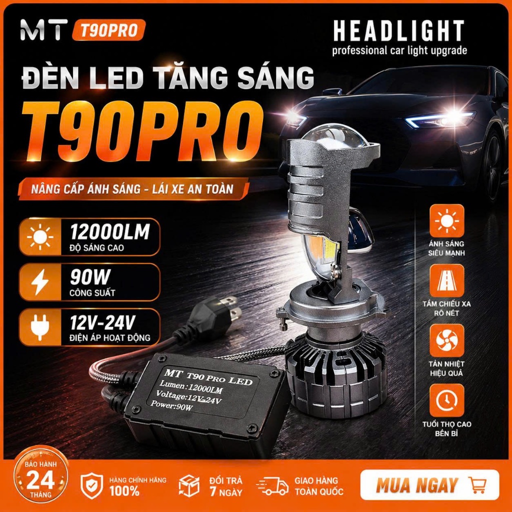 Đèn Pha Led Bi Cầu T90 Pro - 90w Siêu Sáng,Viền Cắt Chống Chói Bảo Hành 12 Tháng Mã SL2