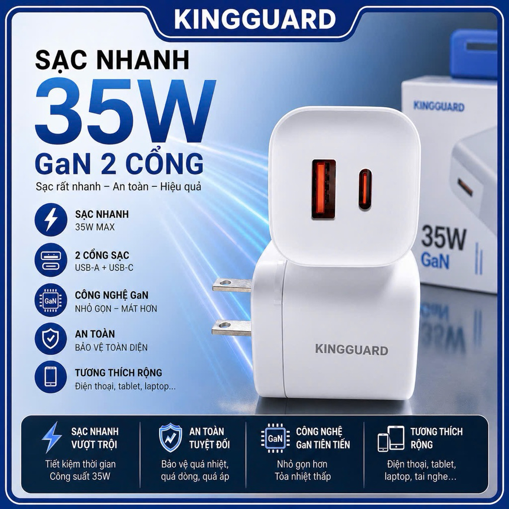 Cốc Sạc Nhanh KingGuard 35W Công Nghệ GaN Siêu Mát - Hỗ Trợ PD 35W 2 Cổng Sạc Cùng Lúc Cho Máy Tính 