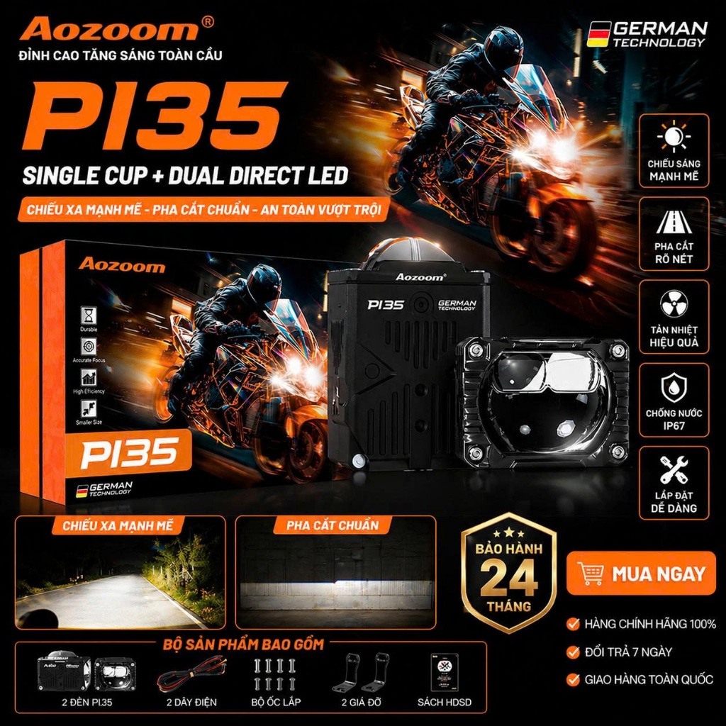 Trợ Sáng Aozoom π35, Đèn Led Motor EXTRA LIGHTS Pi35 Aozoom Nhiệt Màu 5500K - Bảo Hành 2 Năm