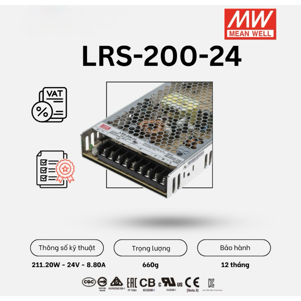 Bộ nguồn tổ ong MEANWELL 200W LRS-200-3.3, LRS-200-5, LRS-200-12, LRS-200-24, LRS-200-36, LRS-200-48