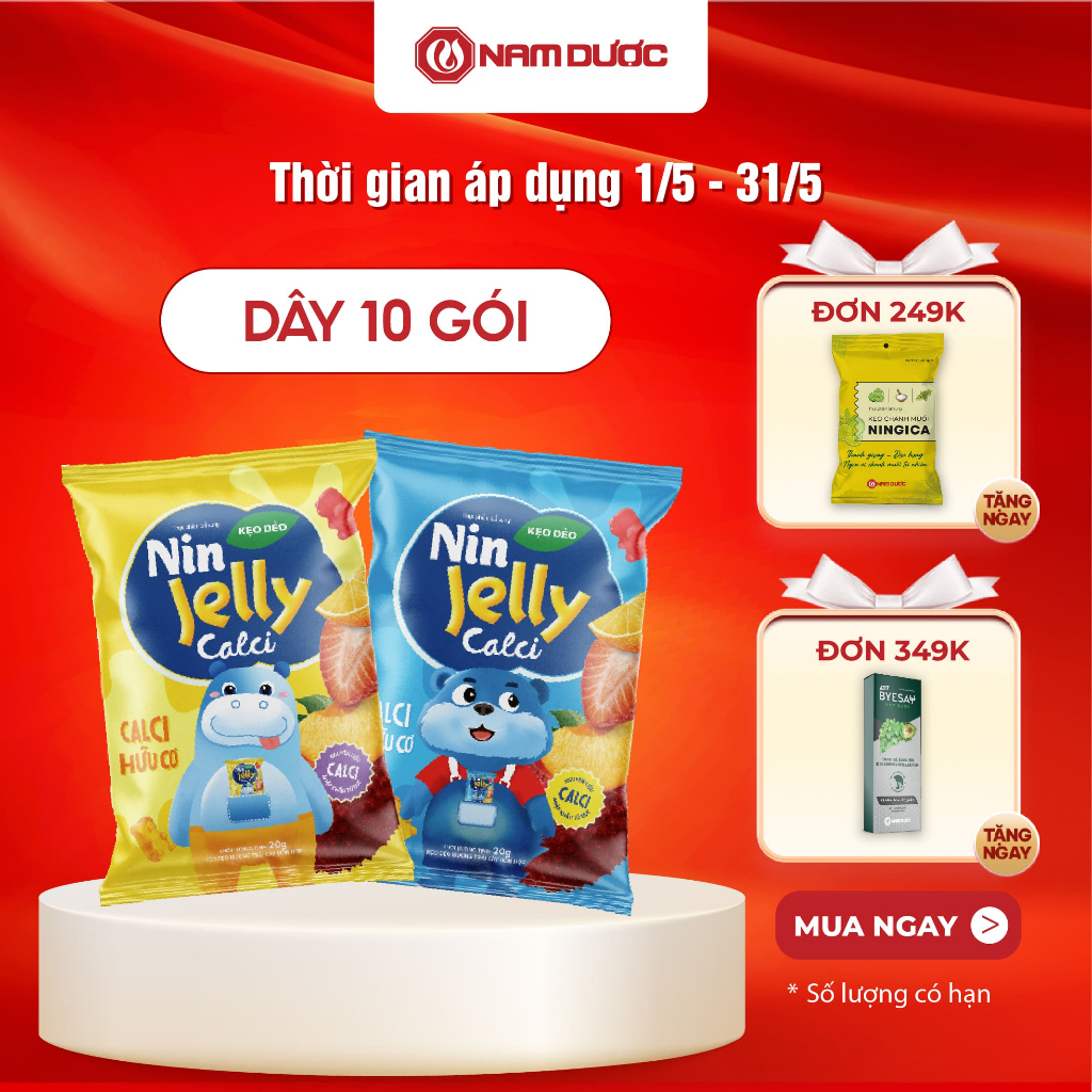 Thực phẩm bổ sung KẸO DẺO NIN JELLY CALCI Dây 10 túi x 20 g , bổ sung calci hữu cơ cho bé