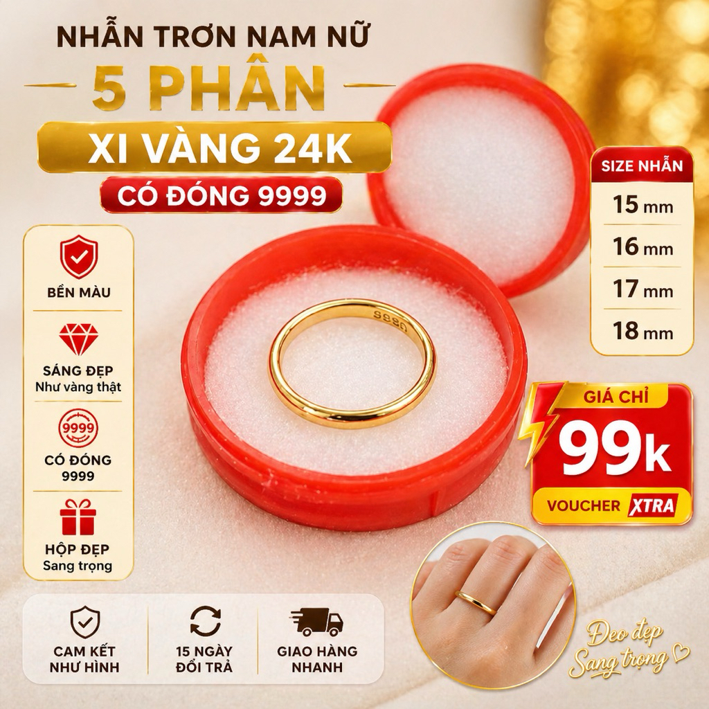 Nhẫn Xi Vàng 24K Nam Nữ 5 Phân Có Đóng 9999 Nhẫn Trơn Đẹp Giá Rẻ