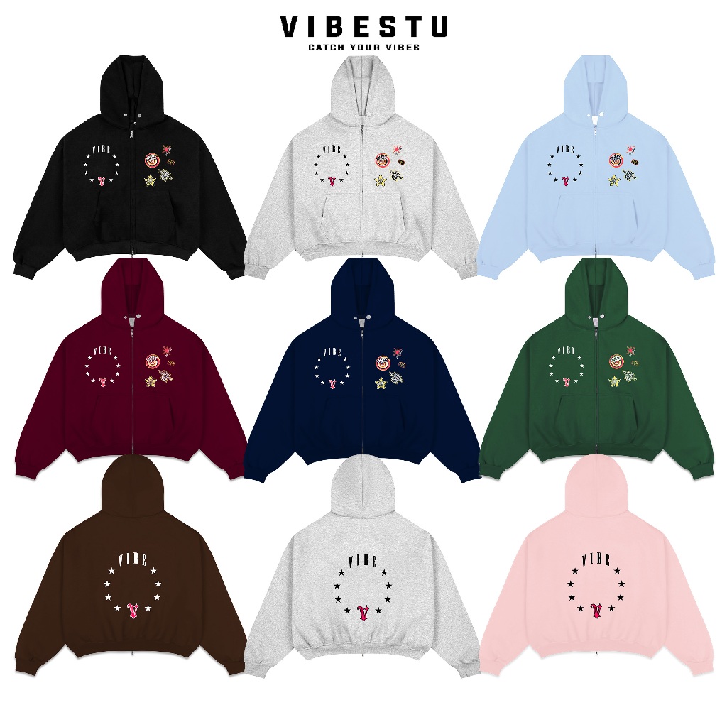 Áo Hoodie Zip 2 Chiều Có Túi Trong - Áo Khoác Hoodie Nỉ 2 Da Form Boxy VIBESTU Star