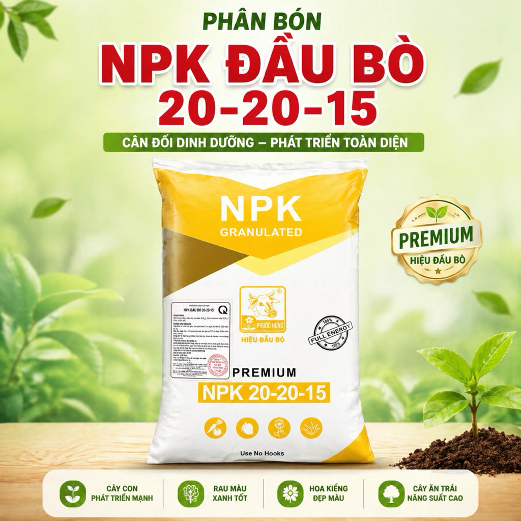 Phân bón NPK 20-20-15 ĐẦU BÒ PHƯỚC HƯNG bao 25kg