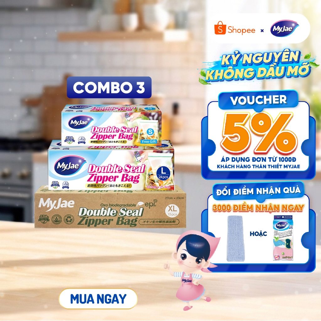 Túi zip đựng thực phẩm hai đường kéo PE MyJae, đáy đứng trong suốt, bảo quản thực phẩm