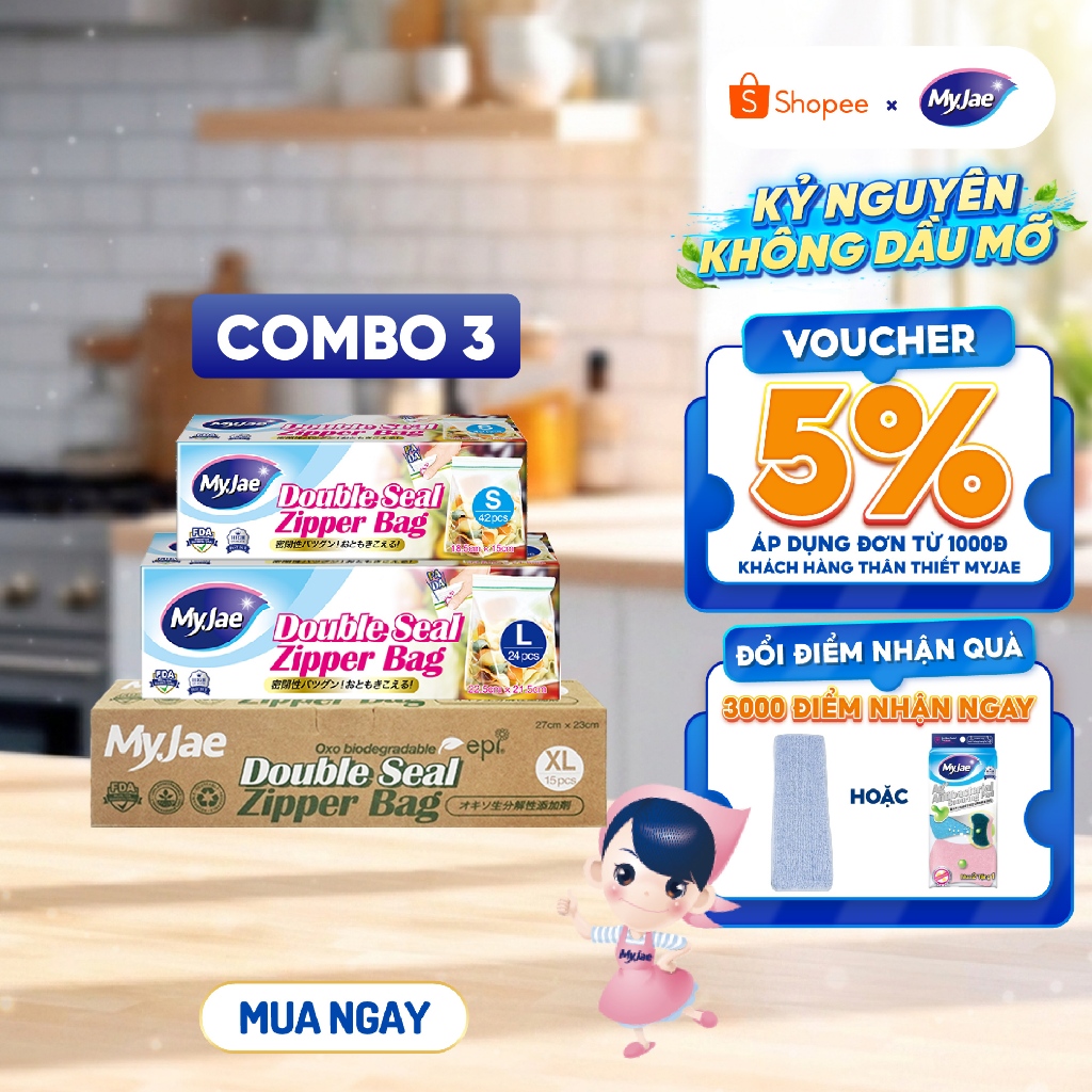 Combo 3 HỘP SIZE 2XL+1S Túi Zip PE Trong Suốt 2 Đường Kéo MyJae, Túi Bọc Đồ Ăn