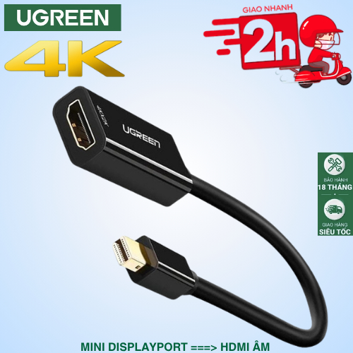 Cáp Mini Displayport ra HDMI Ugreen MD112 DP(Thunderbolt 2) to Hdmi dài 20cm phân giải 4K Bh18 tháng