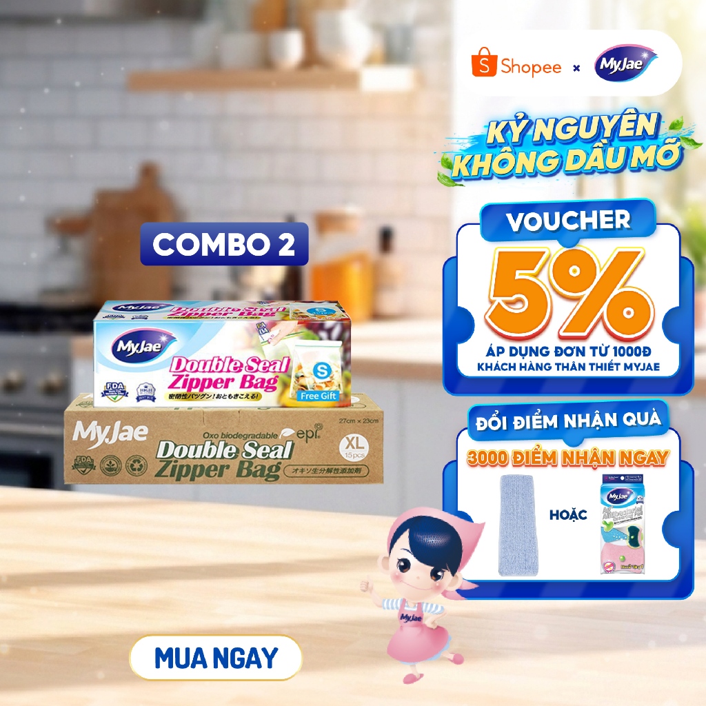 Combo 2 size S+XL Túi Zip PE Trong Suốt 2 Đường Kéo MyJae, Túi Bọc Đồ Ăn, Bảo Quản Tủ Lạnh