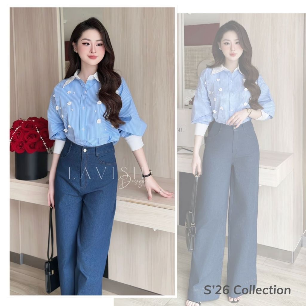 Set Áo Kẻ Pha Tay Đính Hoa Cùng Quần Jead Thanh Lịch Chất Liệu Cao Cấp Thoải Mái Lavish Design - S12