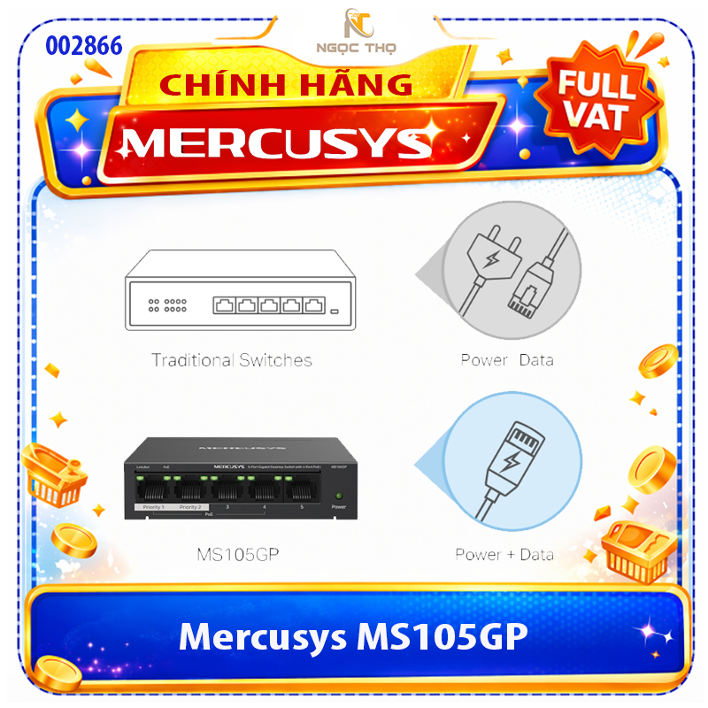 Chia mạng Switch Để Bàn 5 Cổng Gigabit 4 Cổng PoE+ Mercusys MS105GP – Vỏ Kim Loại – Chính Hãng – Ful