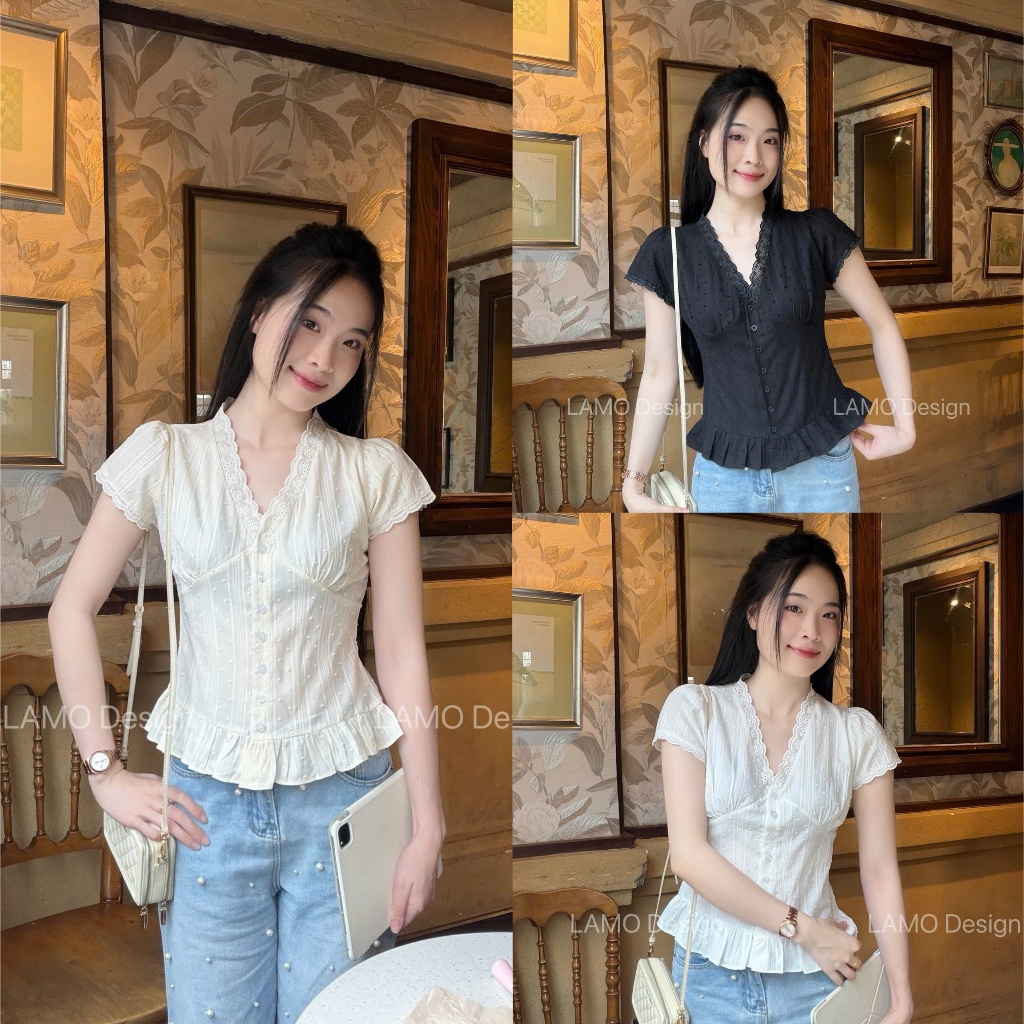 Áo sơ mi áo kiểu nữ tay con cổ V viền ren trẻ trung LAMO - B1563 | BigBuy360 - bigbuy360.vn
