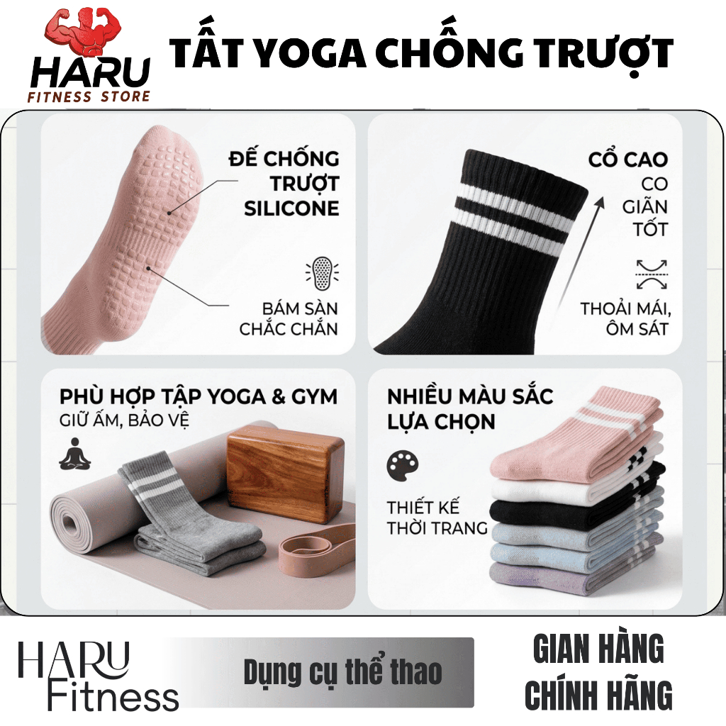 Tất Yoga Chống Trượt Cổ Cao Silicon HARU - Vớ Pilates Gym Thoáng Khí Bám Dính Đa Màu HR23 | BigBuy360 - bigbuy360.vn