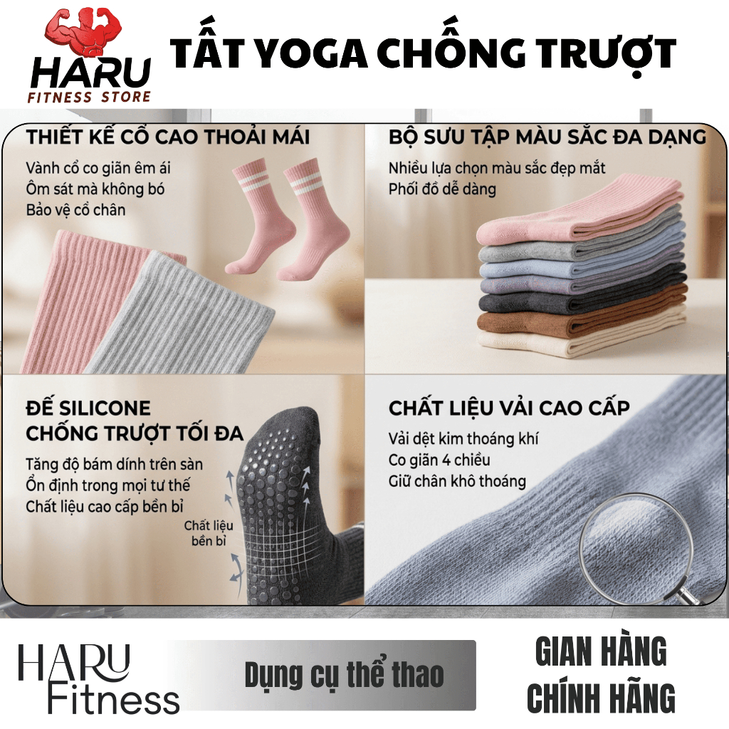 Tất Yoga Chống Trượt Cổ Cao Silicon HARU - Vớ Pilates Gym Thoáng Khí Bám Dính Đa Màu HR23 | BigBuy360 - bigbuy360.vn
