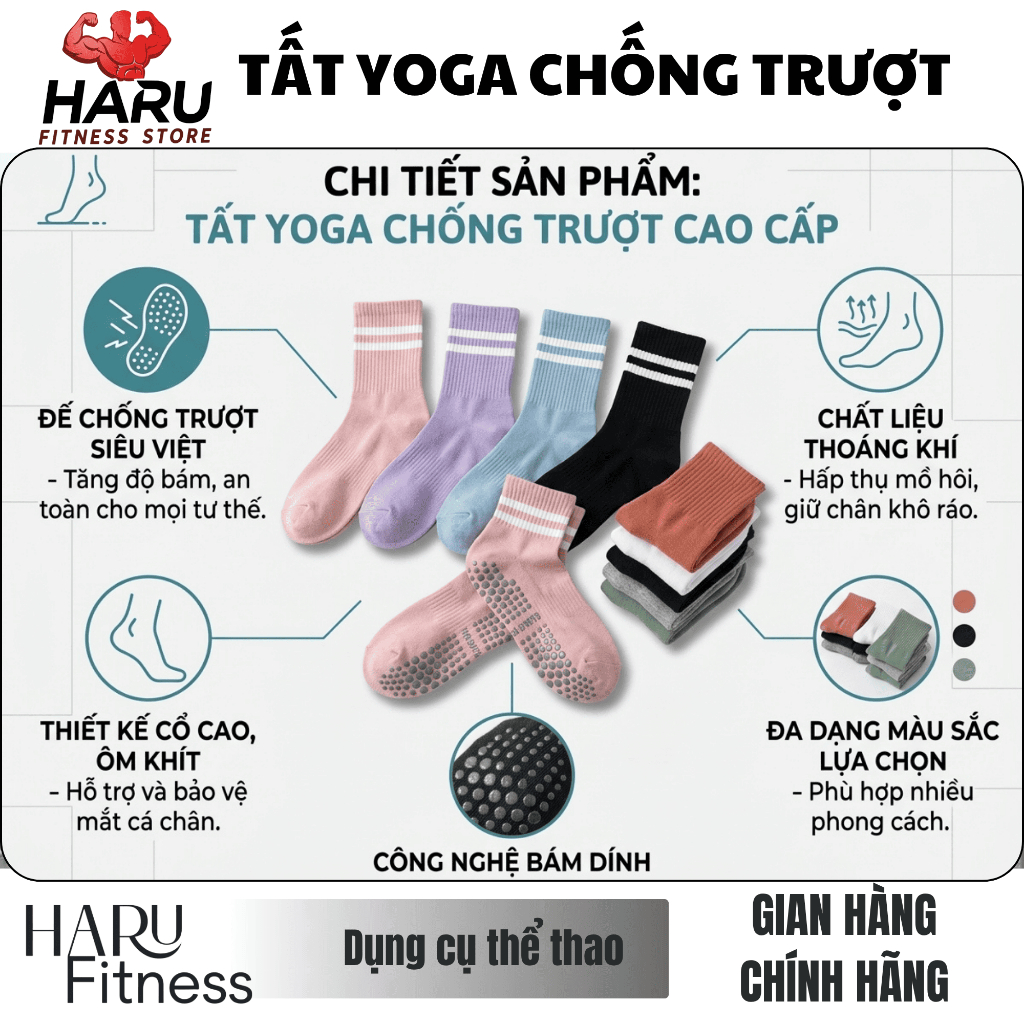 Tất Yoga Chống Trượt Cổ Cao Silicon HARU - Vớ Pilates Gym Thoáng Khí Bám Dính Đa Màu HR23 | BigBuy360 - bigbuy360.vn
