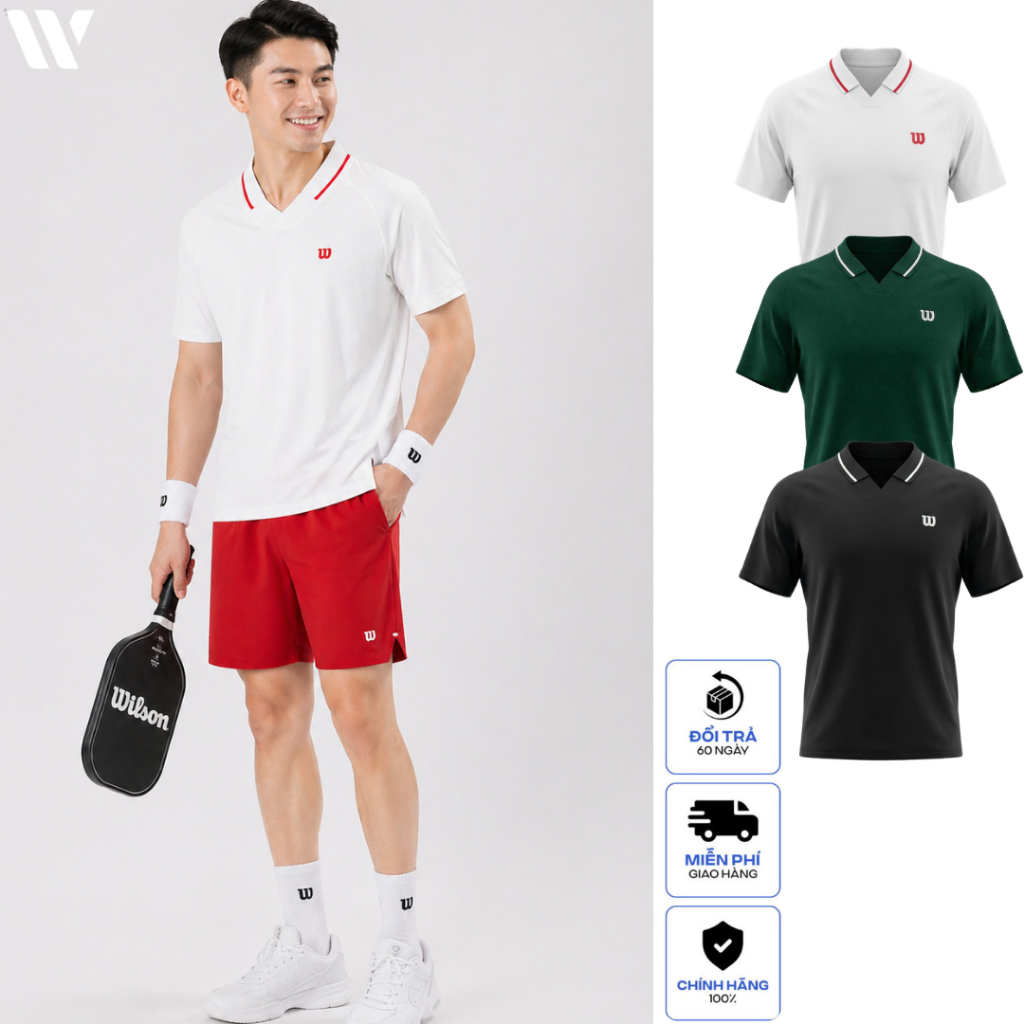 Set Thun Thể Thao Wilson Pickleball Áo Thể Thao Trắng Cổ V Viền Đỏ + Quần Short Đỏ, Thoáng Mát, Thấm