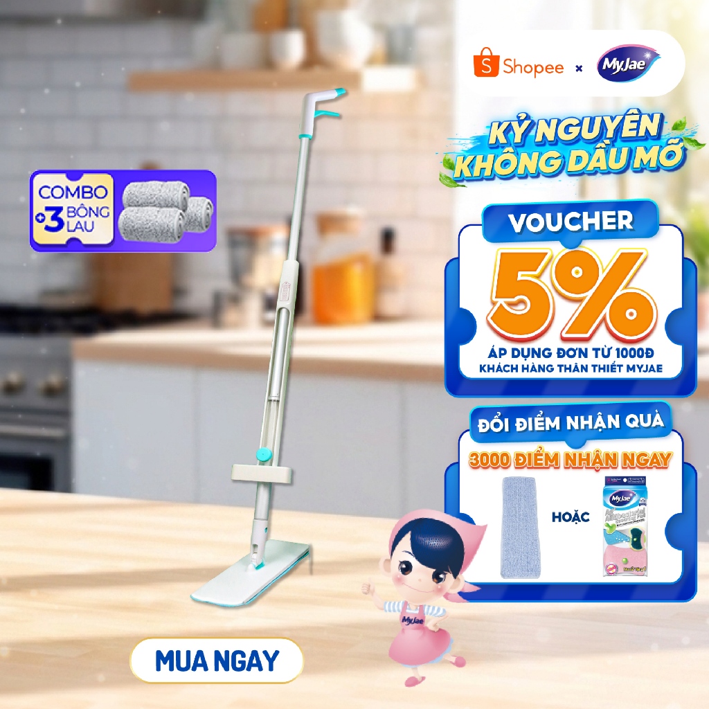 Combo 3 Bông Lau + 1 Cây Lau Nhà MyJae Sợi Microfiber Tự Vắt Phun Sương Xoay 360 Độ Thông Minh 138c