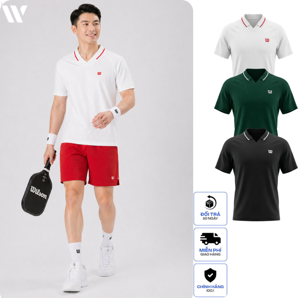Set Thun Wilson Pickleball Áo Thể Thao Trắng Cổ V Viền Đỏ + Quần Short Đỏ, Thoáng Mát, Thấm Hút Tốt