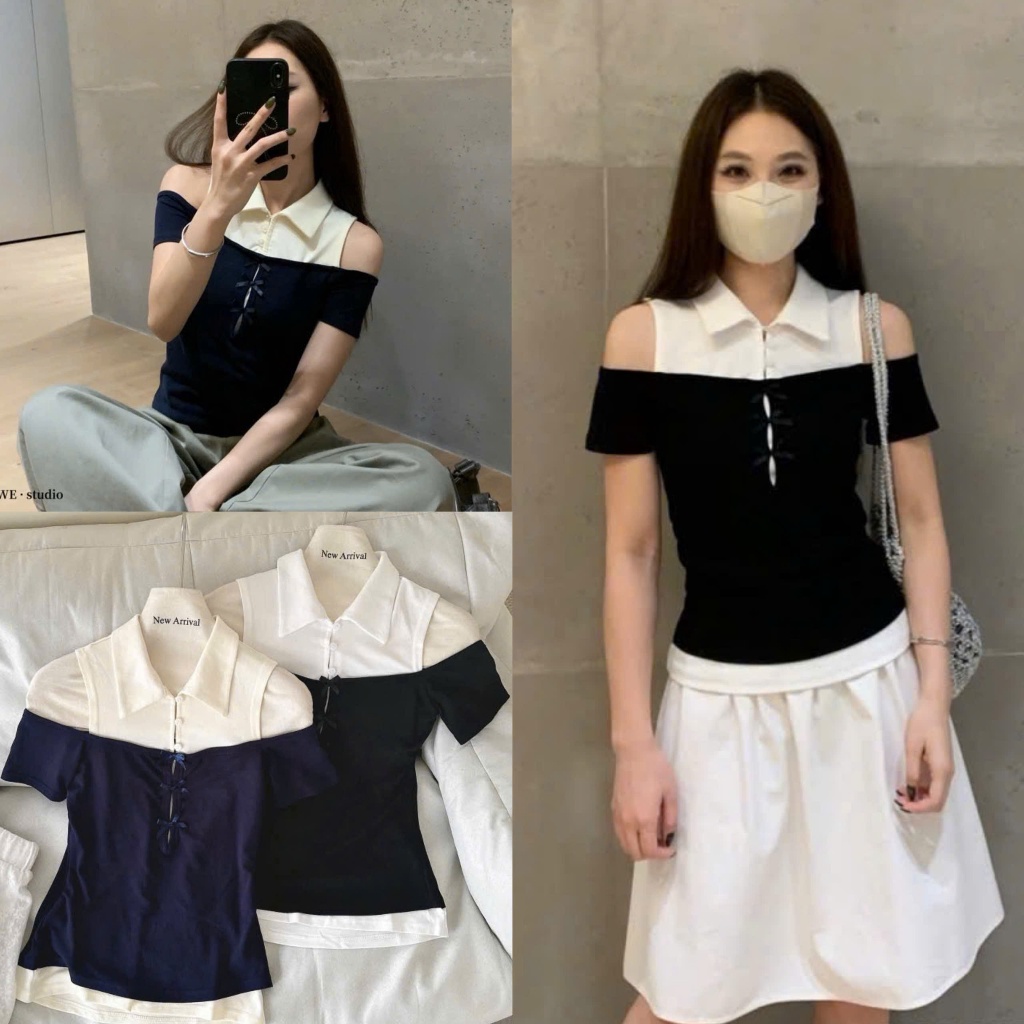 METWO. - Áo thun yếm kiểu ba lỗ phối màu cổ sơ mi khoét hở vai đính nơ cộc tay co dãn ulzzang tiểu thư Hàn Quốc #4785 | BigBuy360 - bigbuy360.vn