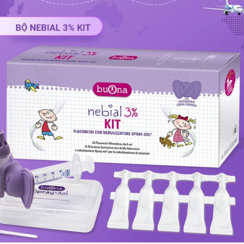 Buona Nebial 3% KIT (20 Ống Nebial 3% 5ml)- Bộ Rửa Mũi, Xịt Xông Làm Sạch Khoang Mũi