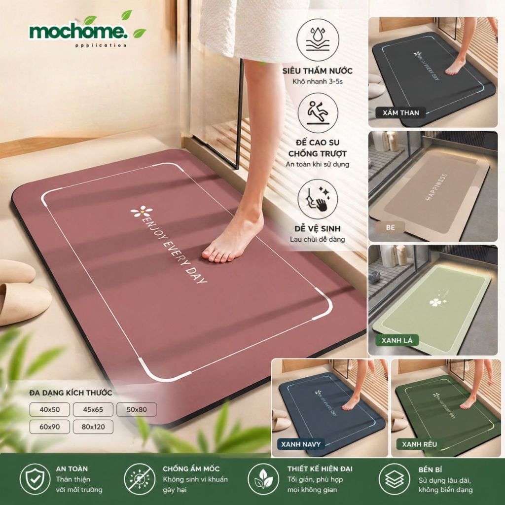 Thảm Lau Chân Nhà Tắm Mochome Siêu Thấm Hút - Thảm Đá Bùn Diatomite Chống Trượt, Khô Nhanh Cao Cấp T
