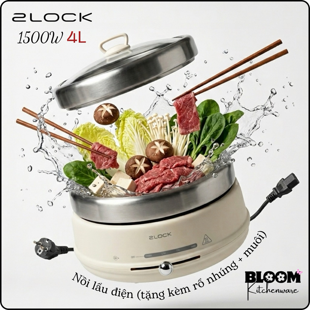 Nồi lẩu điện 1500W 4L 2LOCK Korea (Tặng kèm rổ nhúng, muôi múc lẩu chính hãng)