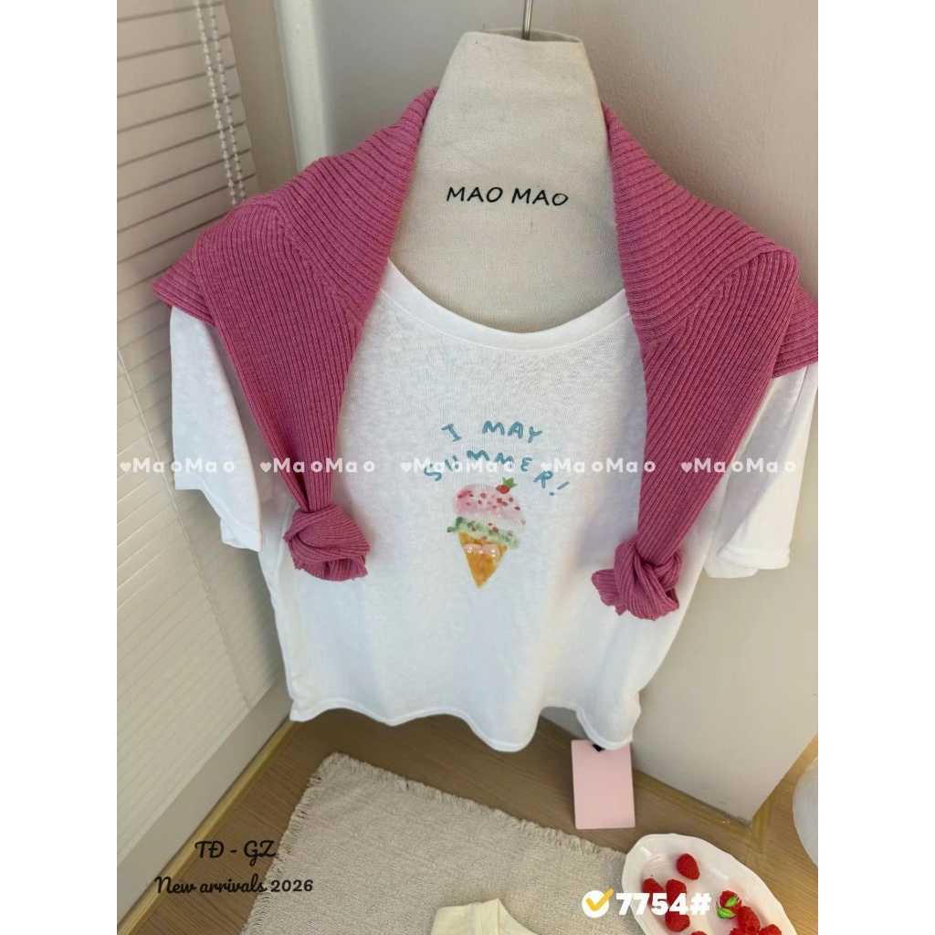 (MaoMao) Áo Phông Chất Giấy Form Oversize Hình Que Kem - Dài 62cm - 7754