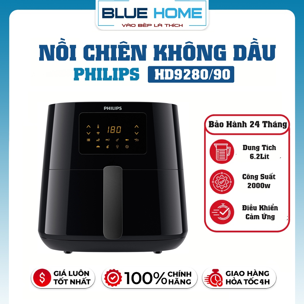 Nồi Chiên Không Dầu Philips HD9280/90, 2000W-6.2Lit, Kết Nồi Wifi, Hàng Chính Hãng