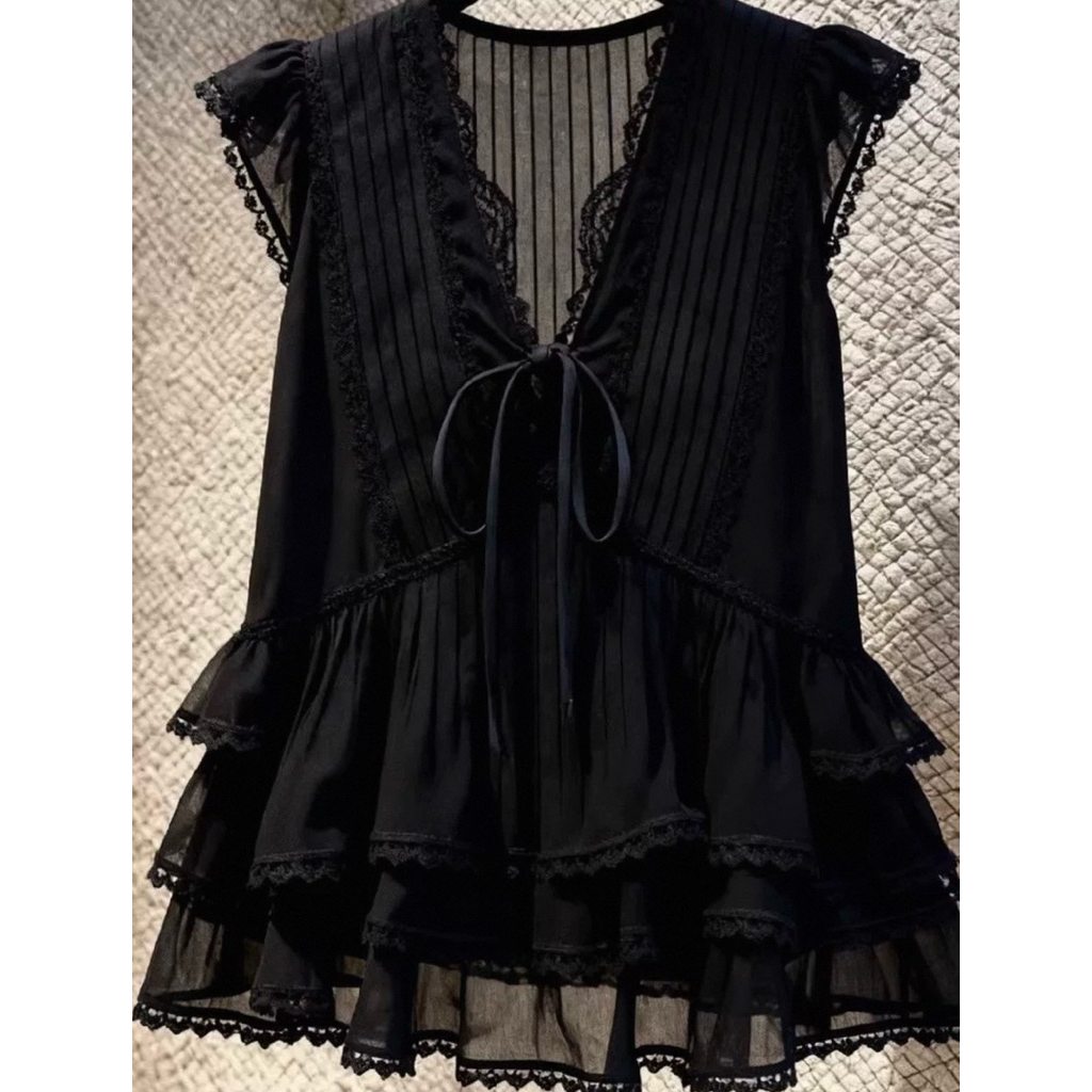 Áo babydoll dáng xoè cổ V phối nơ viền ren bèo tầng, áo cánh tiên babydoll ( ẢNH THẬT SHOP Ở CUỐI) | BigBuy360 - bigbuy360.vn